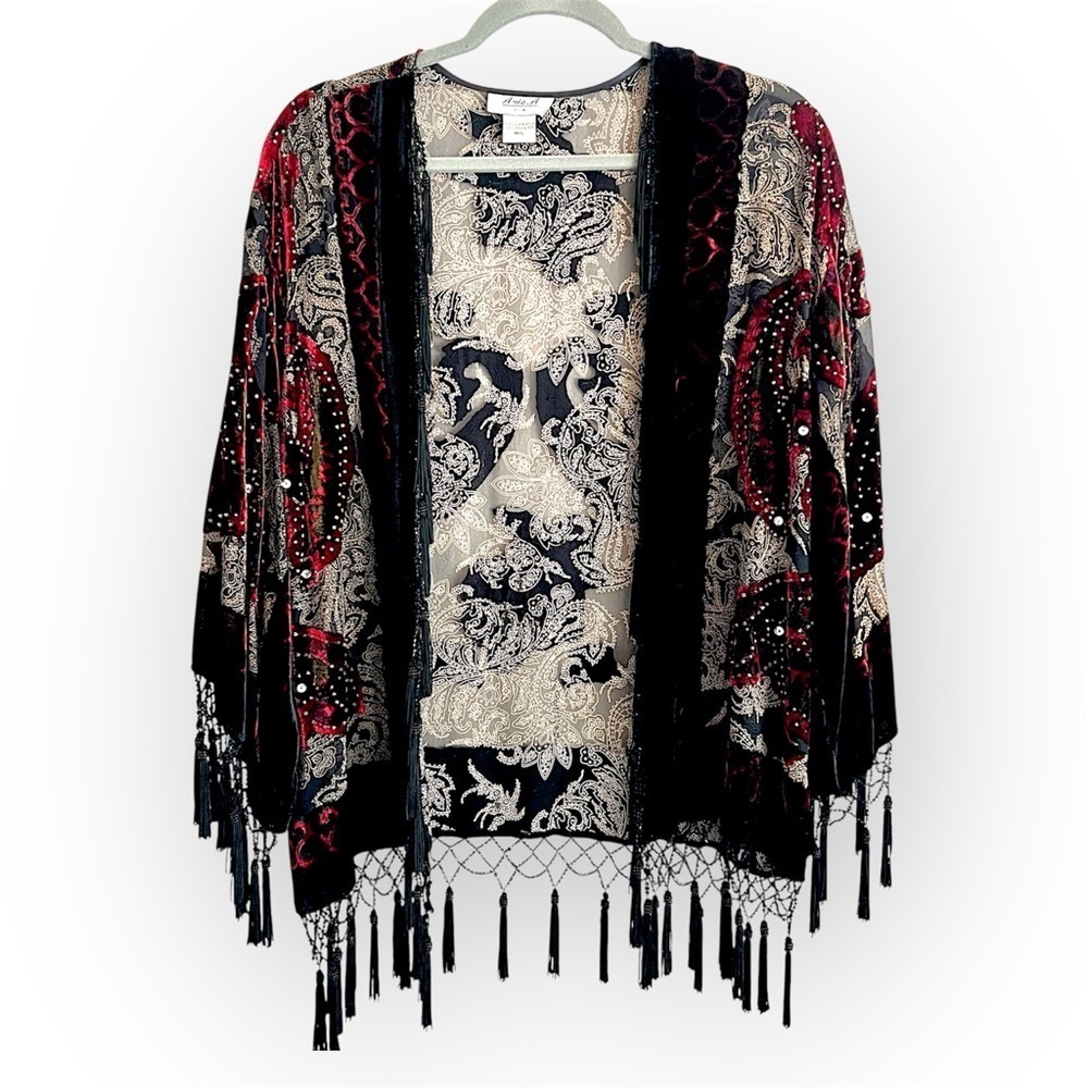 Aris burnout beaded kimono with hem tassles, open front, flowy, M/L